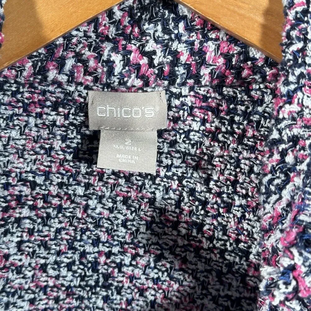 Chico’s Women’s Tweed Multicolor Structured Notch Collar Fringe Cardigan Size 2